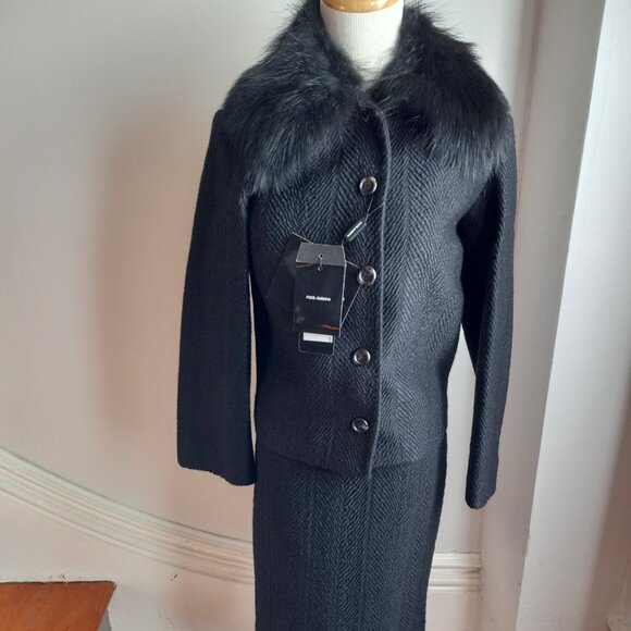 DOLCE & GABBANA BLACK WOOL FUR COLLAR SKIRT SUIT NWT IT 40 US 4 - Picture 14 of 16